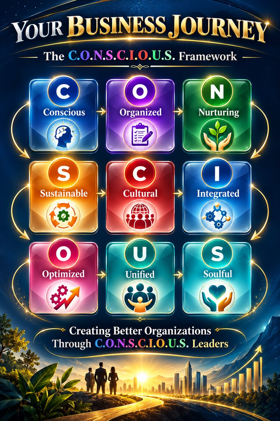 Your Business Journey — The C.O.N.S.C.I.O.U.S. Framework: Conscious, Organized, Nurturing, Sustainable, Cultural, Integrated, Optimized, Unified, Soulful. Creating better organizations through C.O.N.S.C.I.O.U.S. leaders.